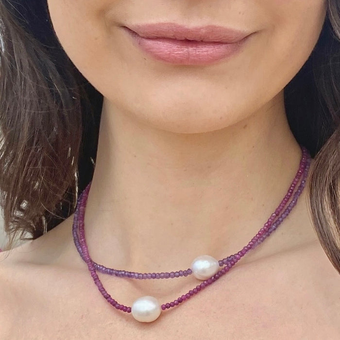 Mini Amethyst Beads w/  Jumbo Pearl Choker Necklace