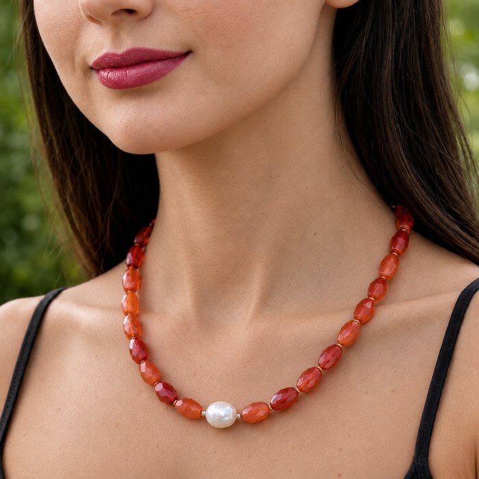 Carnelian & Pearl Choker Necklace