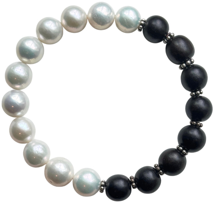 Pearl & Wood Beaded Bracelet w/ Silver Beads