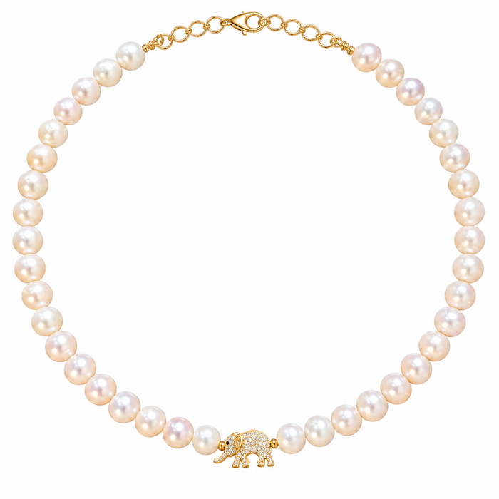 Pearl Necklace w/ Gold Elephant Charm