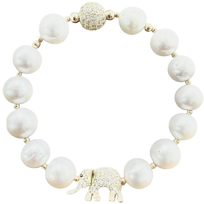 White Pearl Bracelet w/ Arnold the Elephant Charm in Gold