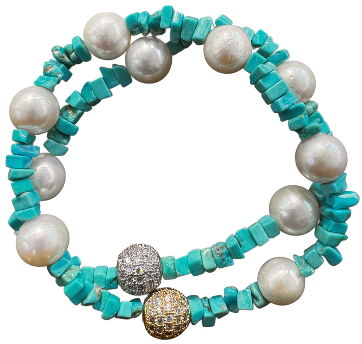 Turquoise & Pearl Bracelet w/ Gold or Silver CZ Bead