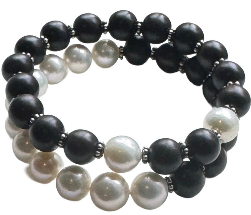 Pearl & Wood Beaded Bracelet w/ Silver Beads
