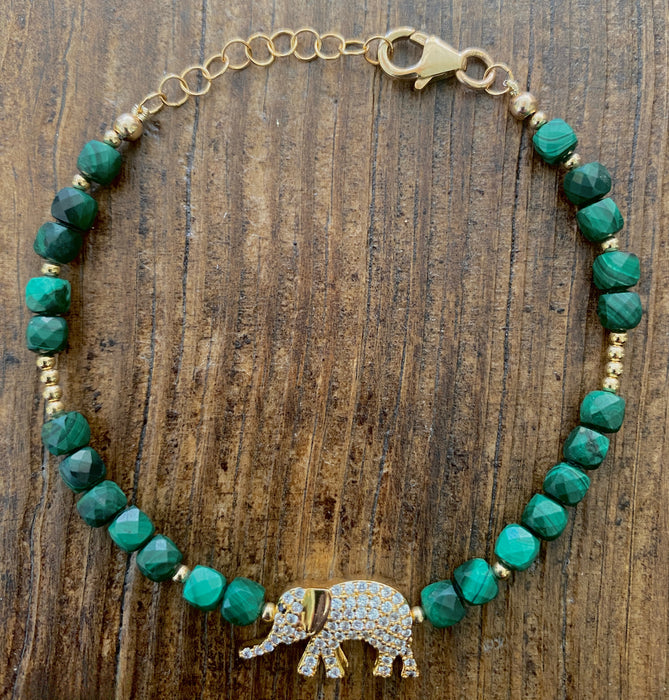 Malachite Bracelet With Arnold The Elephant Charm