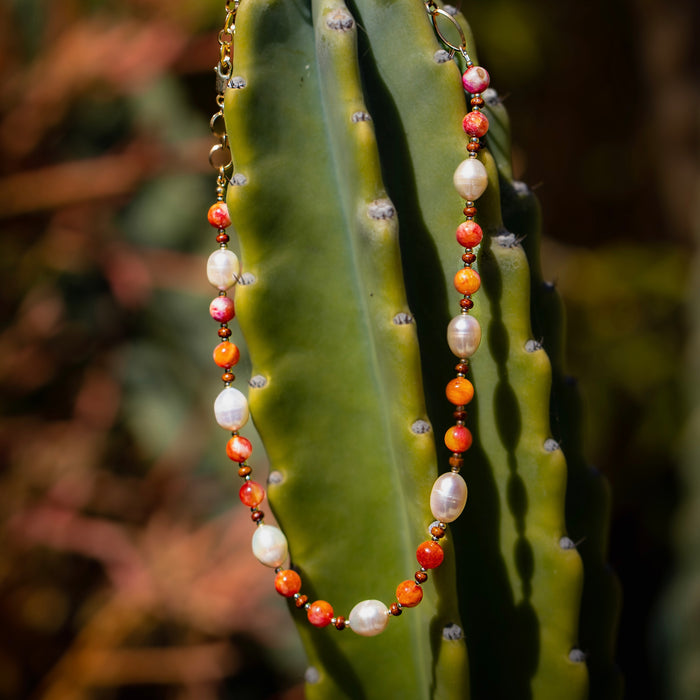 Fire Agate Pearl Choker Necklace