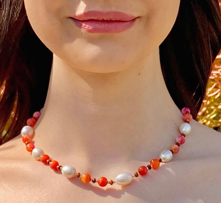 Fire Agate Pearl Choker Necklace