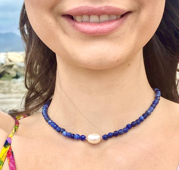 Sodalite Beaded Choker w/ Jumbo Pearl