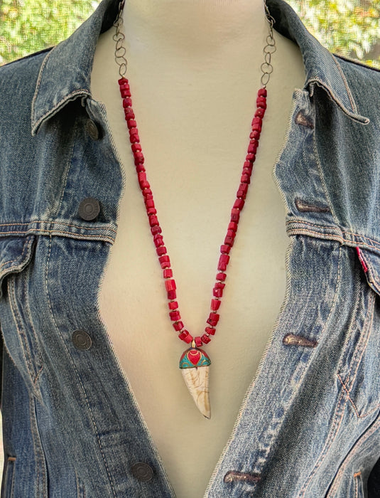 Coral & Horn Pendant Necklace