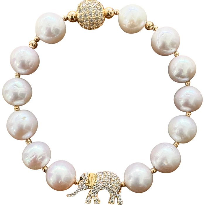 White Pearl Bracelet w/ Arnold the Elephant Charm in Gold