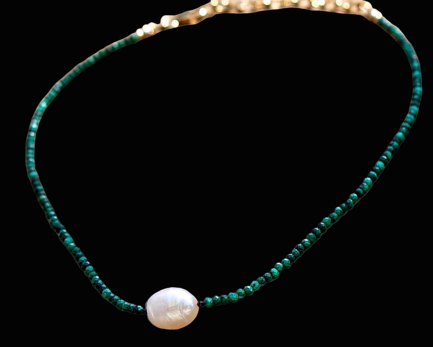 Mini Malachite Beads w/ Jumbo Pearl Choker Necklace