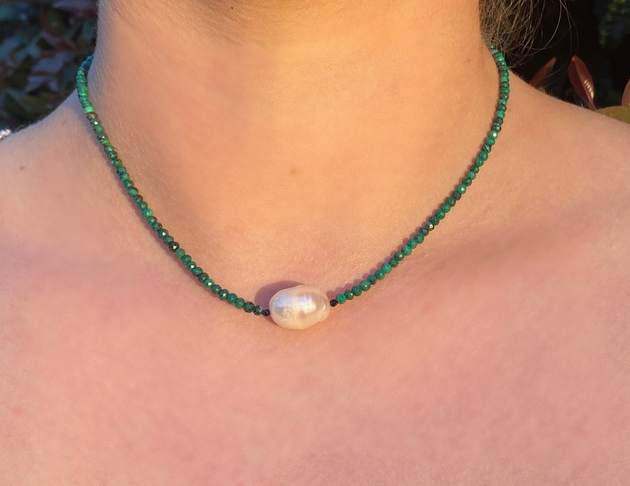 Mini Malachite Beads w/ Jumbo Pearl Choker Necklace