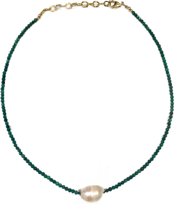 Mini Malachite Beads w/ Jumbo Pearl Choker Necklace